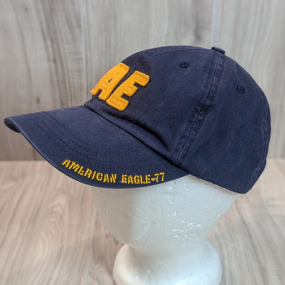 AMERICAN EAGLE Vintage 90s/Y2K Hat Cap Strapback LEATHER Men Navy Adjustable